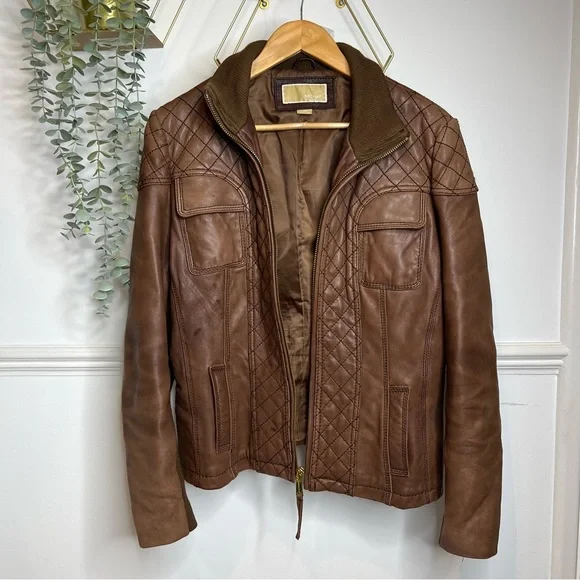 Michael kors brown tan leather with wool collar aviation style bomber jacket xl - Picture 6 of 12